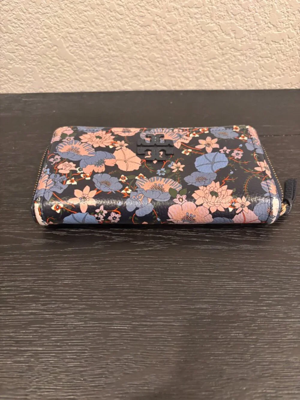 Tory Burch Thea Zip Black Continental Wallet with Blue and Pink Floral Design